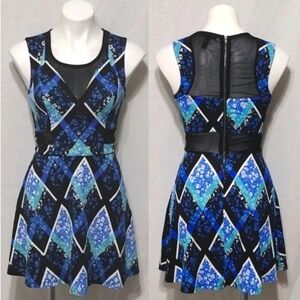 Material Girl Geometric Print Flare Dress Mesh Accents Casual Summer Party Small